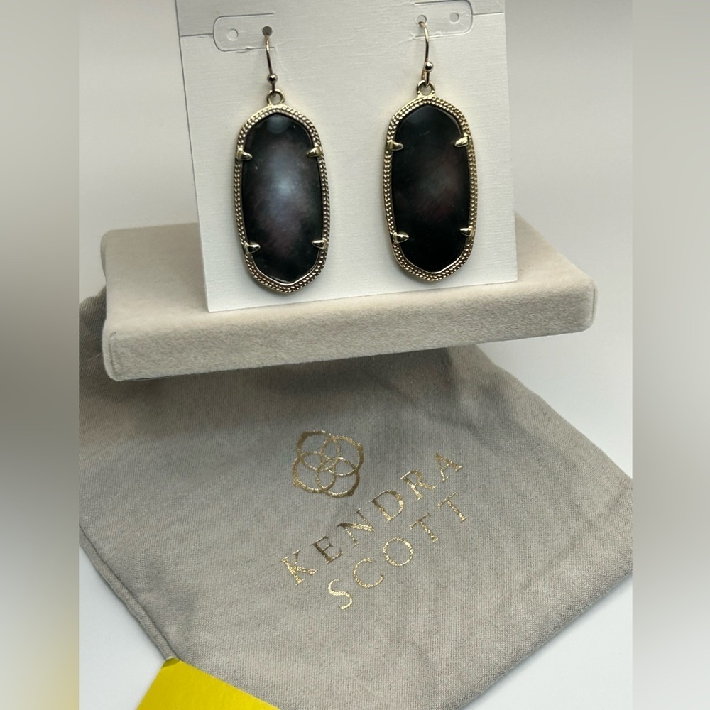 Kendra Scott Elle Earrings Black Iridescent 1.5" Drop & Pouch - Picture 3 of 10